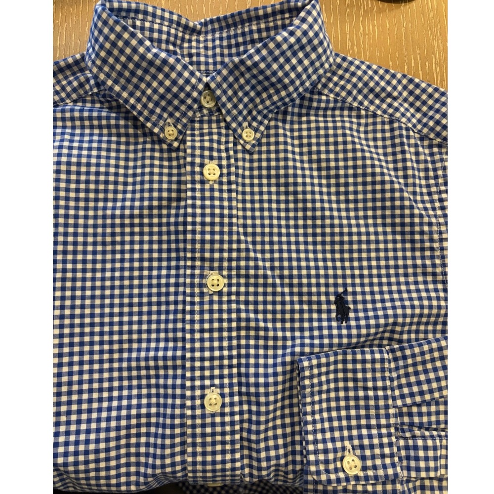 Ralph Lauren Boys Blue Gingham Check Button Down Shirt‎ Natural Stretch M 10-12